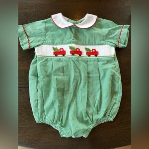 Petit Bebe- Christmas tree on red truck smocked bubble 9 mo